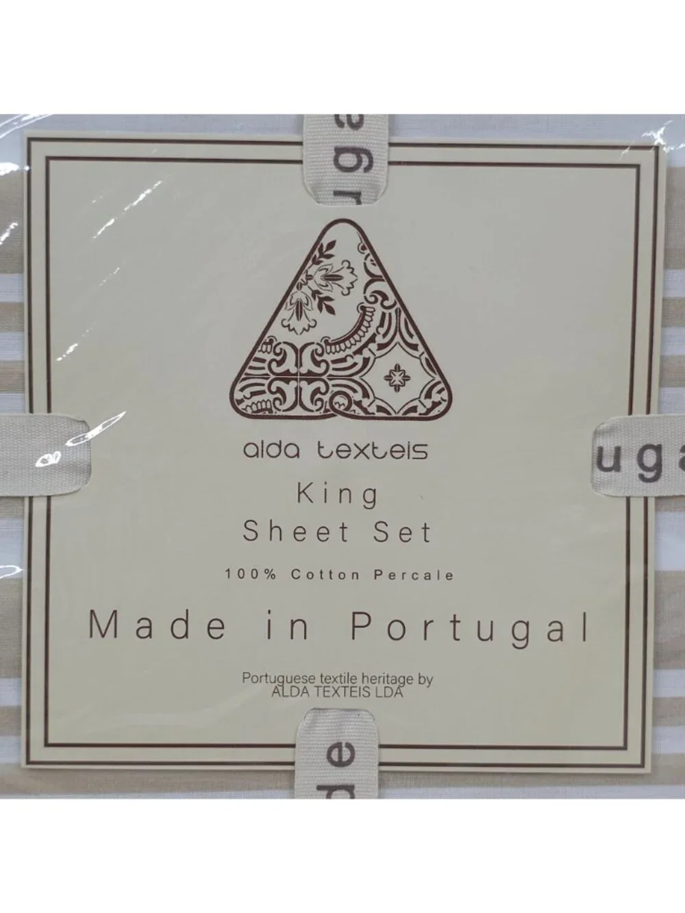 Alda Texteis Portugal King Sheet Set 100% Cotton Percale Beige & White Stripes